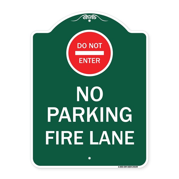 Do Not Enter No Parking Fire Lane W/ Graphic, Green & White Aluminum Sign, 18" x 24", GW-1824-24149